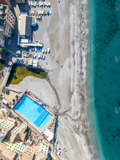 Preview: Aerial view of the beach of the town of Sori in the Liguria region, next to Genova, Italy