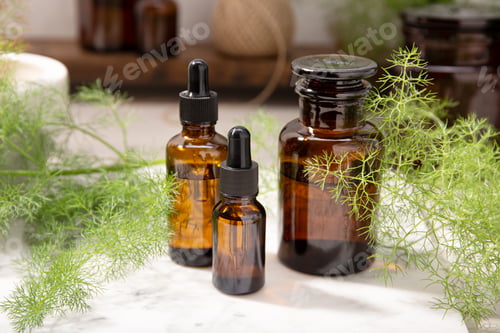 Preview: Fennel essential oil on amber bottles