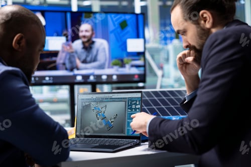 Preview: Factory experts in videocall use software to optimize factory production layouts
