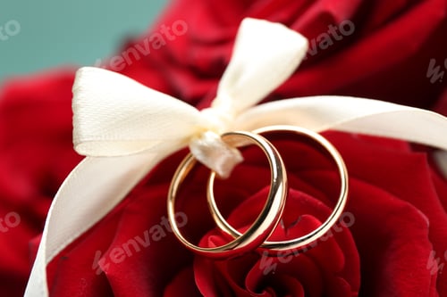 Preview: Wedding rings tied with ribbon on red rose against blurred background, closeup