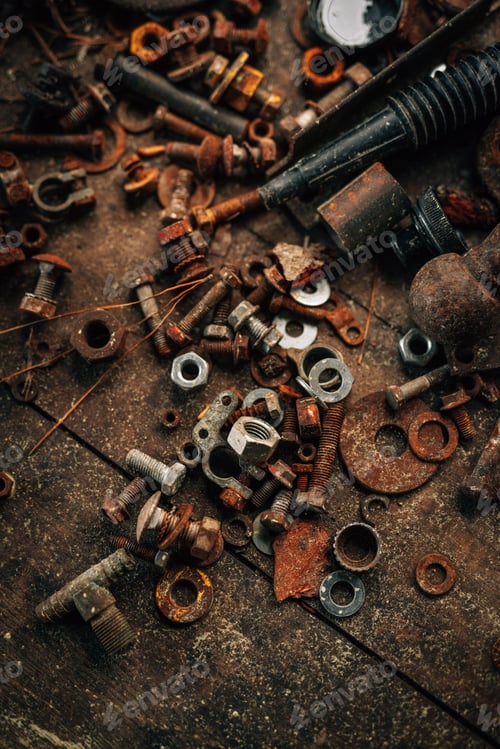 Preview: Variety of rusty screws, bolts, and tools abandoned on the floor