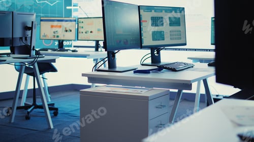 Preview: Empty telecommunications control room with workstations