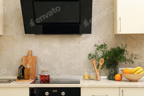 Preview: Modern kitchen interior with different supplies in light colors