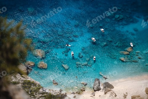 Preview: Pleasure boats anchored at Mizithres cliff rock in Zakynthos Ionian island, Greece