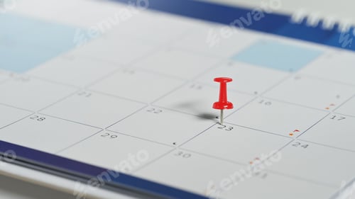 Preview: Close up of red pin placed on the 23rd day in a paper calendar