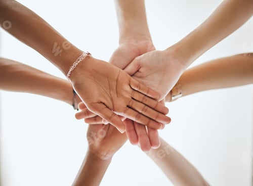 Preview: Group of hands in unity, teamwork motivation or support for partnership goal, success and collabora