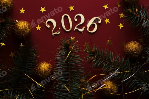 Visualização: Fundo vermelho de Ano Novo de 2025. Número do próximo ano na decoração de Natal.