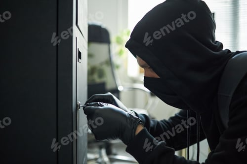 Preview: Masked Male Intruder Breaking into Safe in Company Office