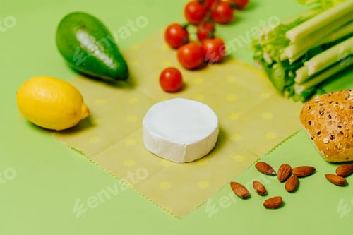 Preview: Reusable Environmentally Friendly Beeswax Wrap, baguette, cherry tomatoes, almonds, avocado, lemon,
