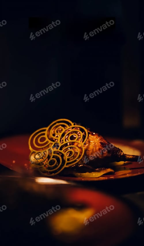 Preview: Baked duck leg on a plate with decorations