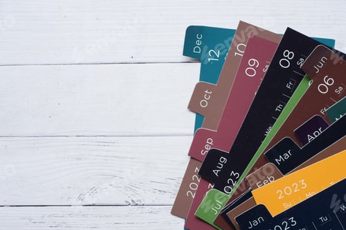 Preview: deadline concept with stack of calendar and pencil on table