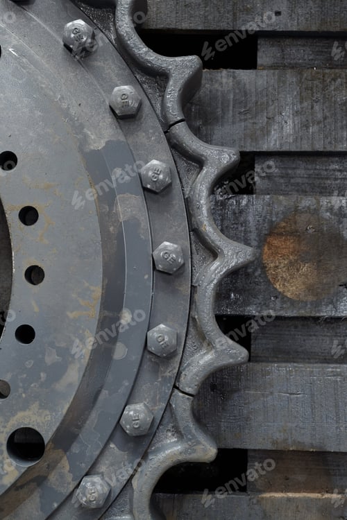 Preview: Part of huge cogwheel or gear made up of steel or iron over weathered wood