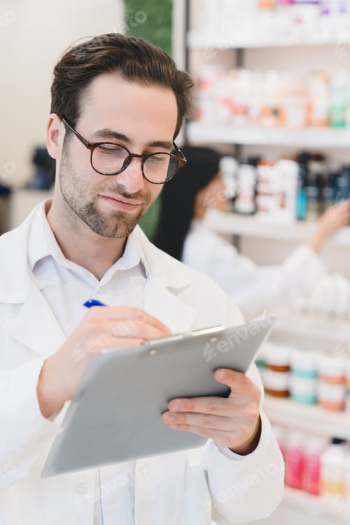 Preview: Druggists working, female looking for medicines drugs on shelves while male writing prescriptions