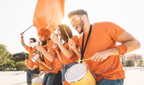 Preview: Friends football fans watching soccer match event at stadium