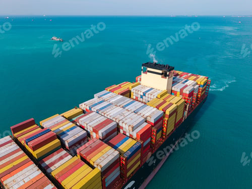 Preview: Large cargo ship transporting colorful containers across ocean