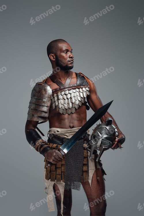 Preview: African gladiator with sword against gray background