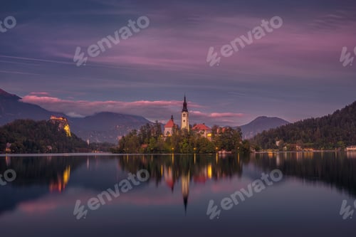 Preview: Colorful sunset landscape view of Lake Bled island and church, Slovenia