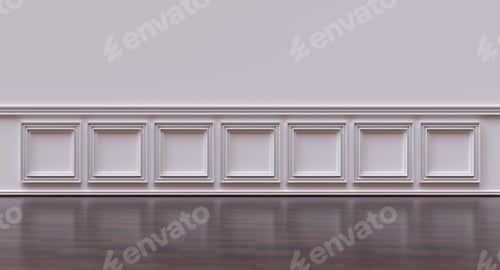 Preview: Classic white wainscot on empty wall. Retro panel wall and wooden floor room interior background.