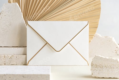 Preview: Blank envelope near beige stones against dry beige palm leaf close up, mockup