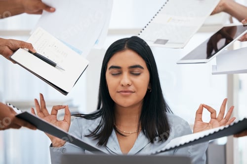 Preview: Busy, stress and woman meditate in the office, hands holding paperwork, documents and tablet around