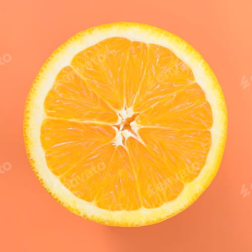 Preview: Top view of a one orange fruit slice on bright background in orange color. A saturated citrus