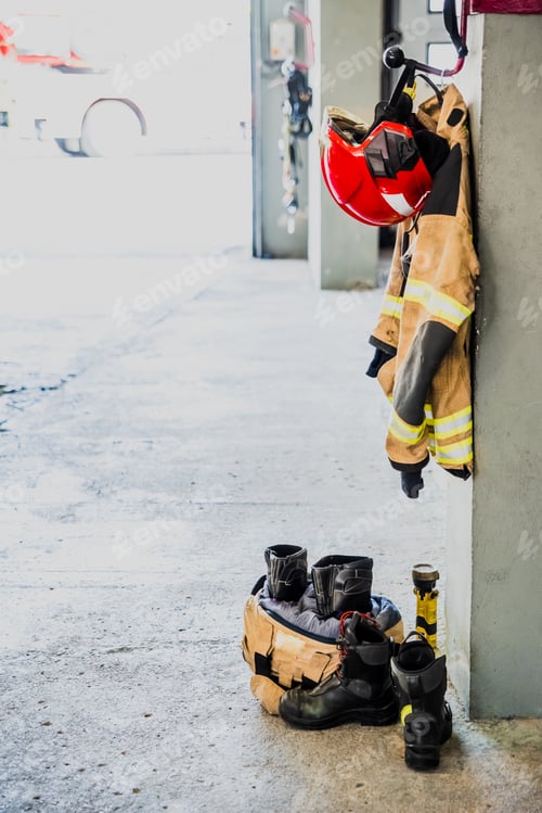 Preview: Boots and fireman's jacket on the garage floor of a fire station.