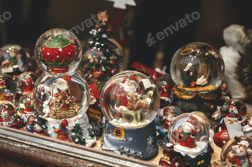 Preview: Merry Christmas! Stylish christmas snow globes in window shop. Magic little xmas scene, holiday fair