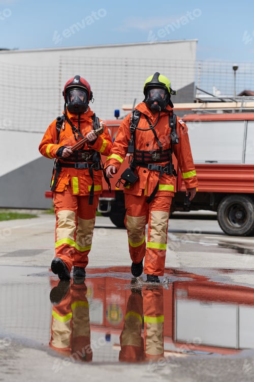 Preview: A team of confident and accomplished firefighters strides purposefully in their uniforms, exuding