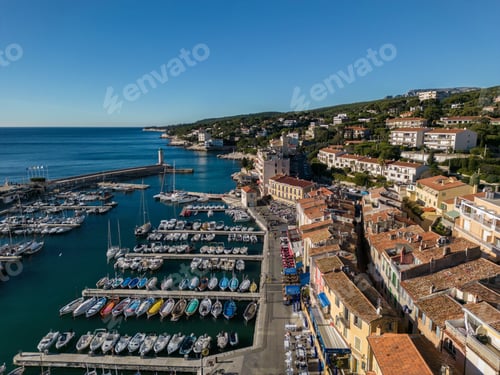 Preview: Aerial view of a picturesque coastal town Cassis, France, with a marina