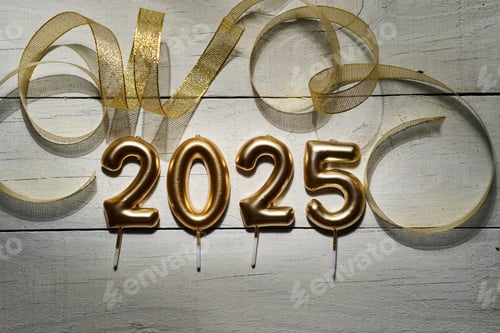 Visualização: Velas comemorativas em forma do ano 2025 em uma superfície de madeira branca com fitas douradas.