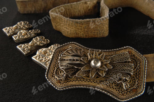 Preview: Antique, silver belt isolated on a black background, Central Asia, Uzbekistan