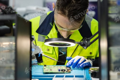 Preview: Male technician engineer checking automation robotics at industrial modern factory.