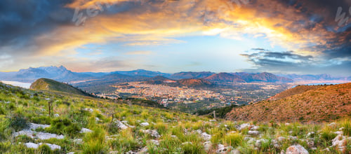 Preview: Picturesque morning cityscape of Bagheria town and national park Orientata Pizzo Cane.