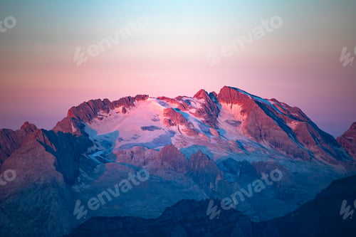 Preview: Sunset from the top Lagazuoi mountain towards Marmolada peak, Dolomites, Italy