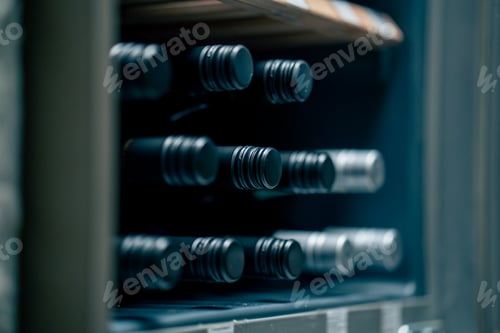 Preview: close up in the restaurant there is a professional refrigerator with wooden shelves for storing wine