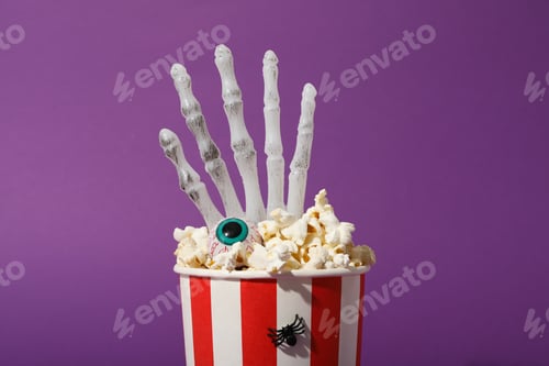 Preview: Paper cup with popcorn and Halloween decorations on purple background, close up