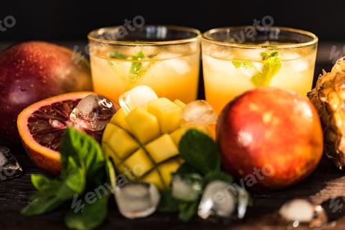 Preview: Glasses of juices. Refreshments and summer drinks