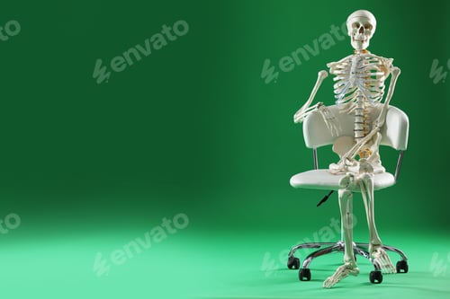 Preview: Artificial human skeleton model sitting on chair against green background, space for text