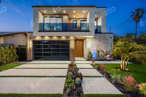 Preview: Modern two-story house with landscaped front yard.