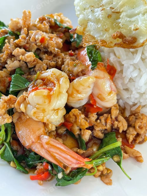 Preview: Rice topped with stir-fried pork and basil, Rice topped with stir fried minced pork and basil with F