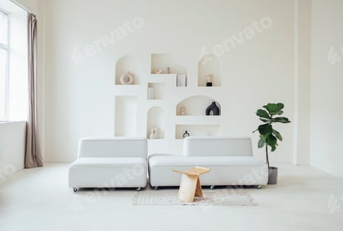 Preview: stylish bright interior. A white wall with niches. Vases, stones, books on shelves