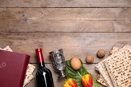 Preview: Flat lay composition with symbolic Pesach (Passover Seder) items on wooden table, space for text