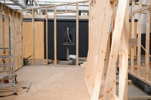 Preview: Production of new wooden modular houses. Construction site