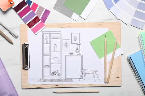 Preview: Sketch of room interior and stationery on white table, flat lay