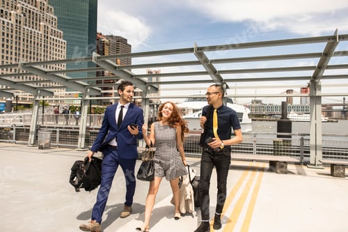 Preview: Businessmen and woman with luggage walking and talking on waterfront, New York, USA