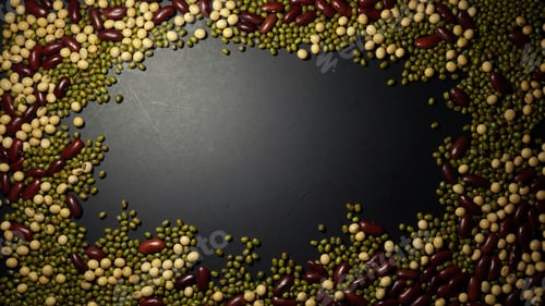Preview: Mung Beans, Red Beans, Soy Beans On The Black Table. Ingredients For Eating Healthy Grains And Dry