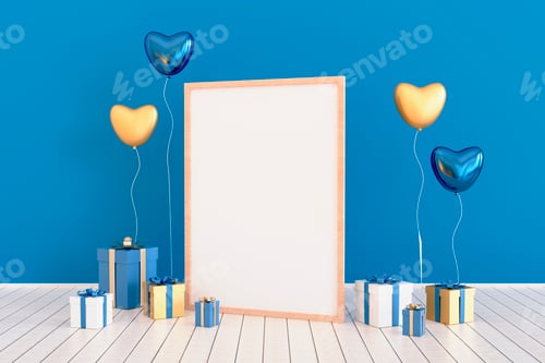 Preview: Set of glossy 3d realistic balloons and gift boxes. 3d render