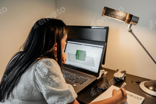 Preview: Rear view of young businesswoman sitting at desk, using laptop and 3d design software