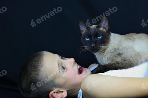 Preview: Closeup shot of a Caucasian boy in a hat holding a cat on an isolated background
