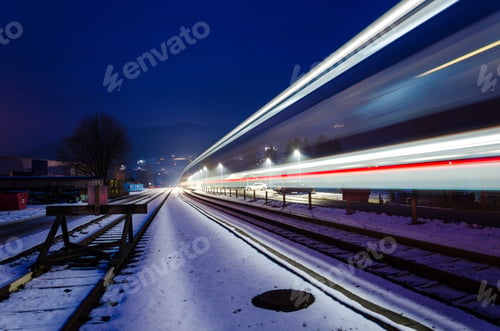 Preview: Train station and train lights in long exposrue effect at night